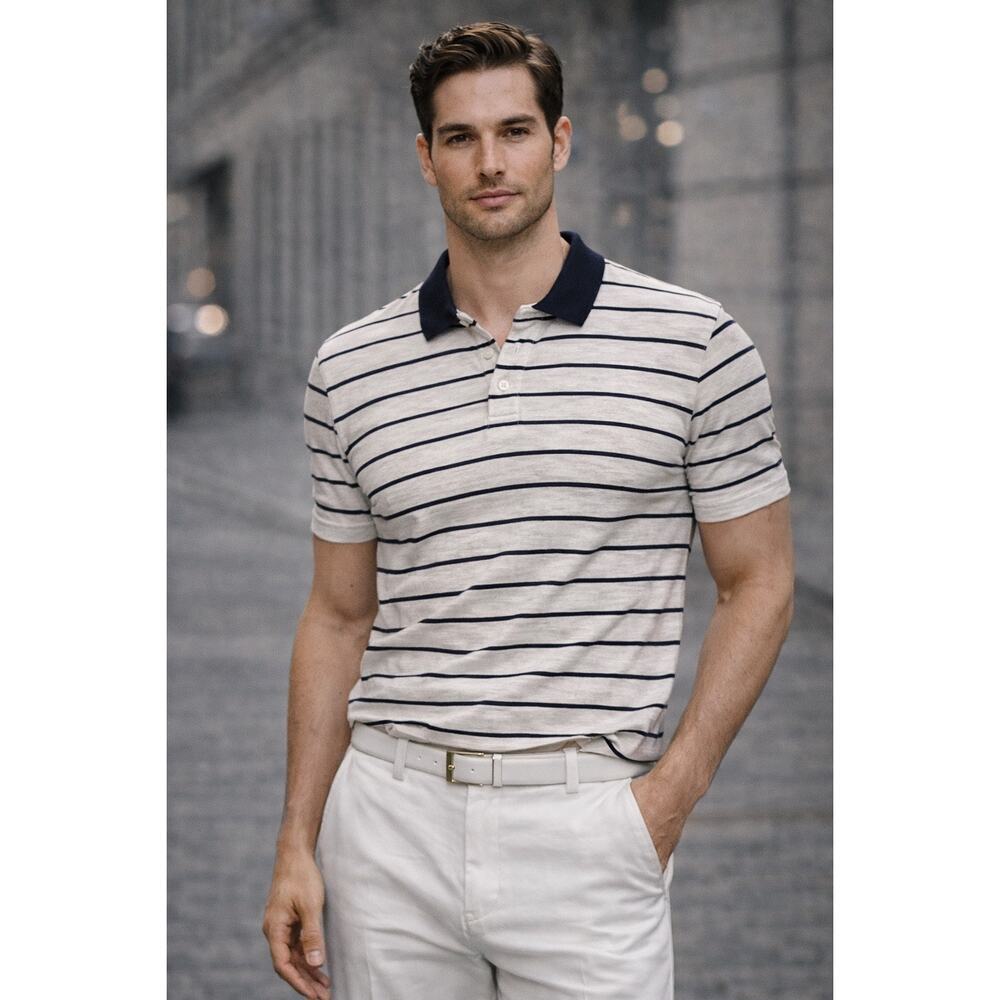 Taylor Stitch Organic Cotton Stripe Denim Collar Short Sleeve Polo Cream/Blue XL